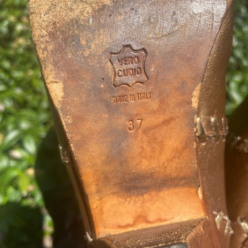 VINTAGE 70s  1970's ELIOT Bronze Gold Leather MID CALF Heel BOOTS Size 37 Italy - Picture 8 of 8